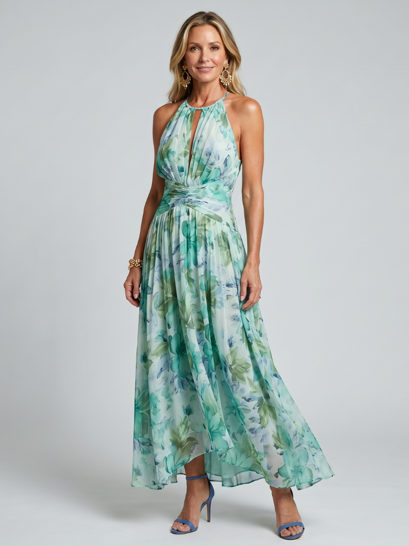 ADELE™ | ABITO MIDI PLISSETTATO CON SCOLLO HALTER E STAMPA FLOREALE