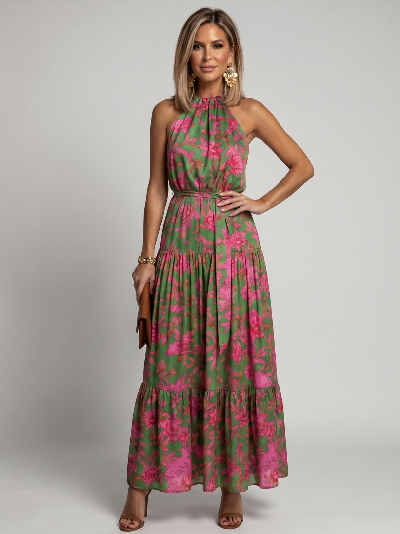 ANTONELLA™ | ABITO MIDI DRAPPEGGIATO ROSA CON SCOLLO HALTER