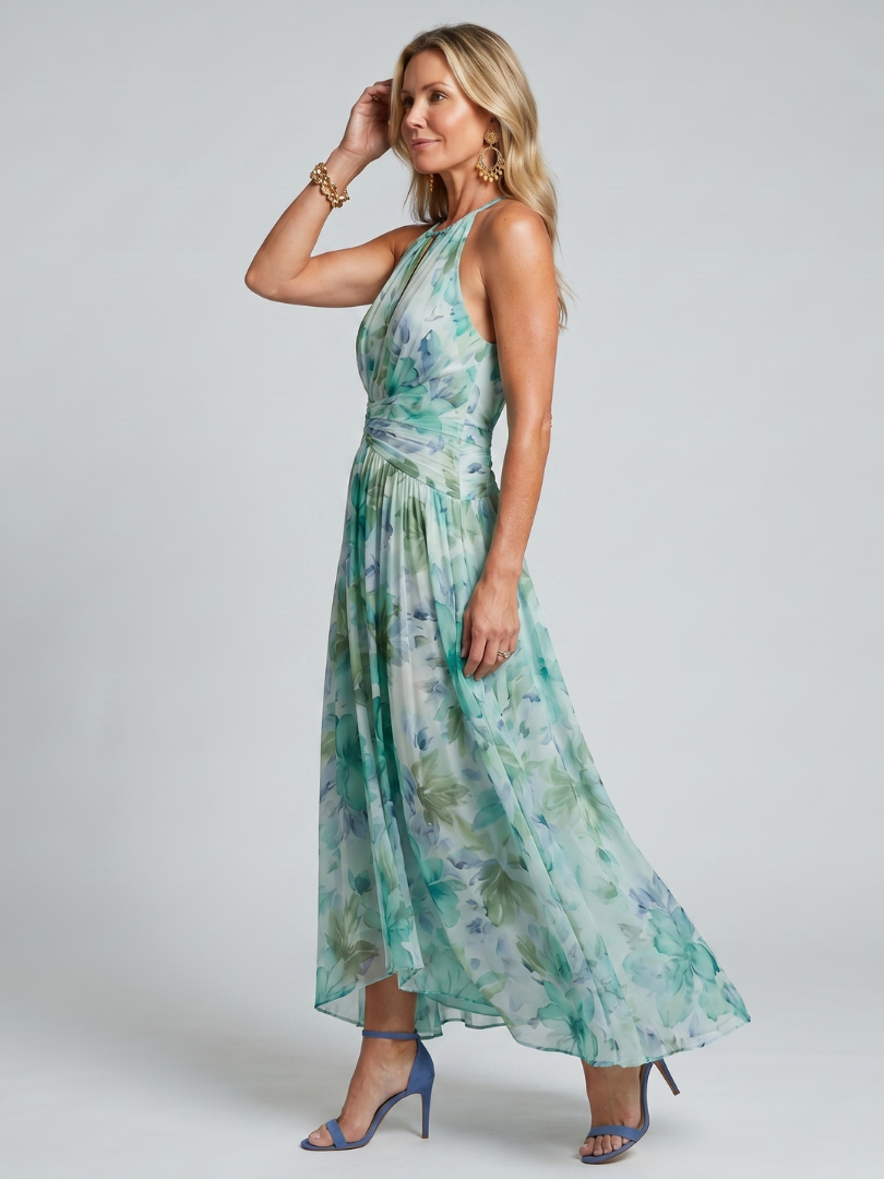 ADELE™ | ABITO MIDI PLISSETTATO CON SCOLLO HALTER E STAMPA FLOREALE
