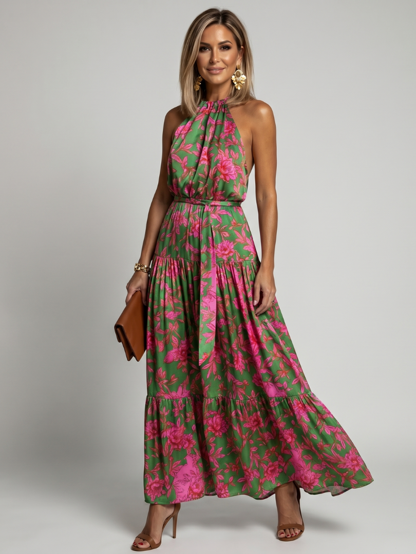 ANTONELLA™ | ABITO MIDI DRAPPEGGIATO ROSA CON SCOLLO HALTER