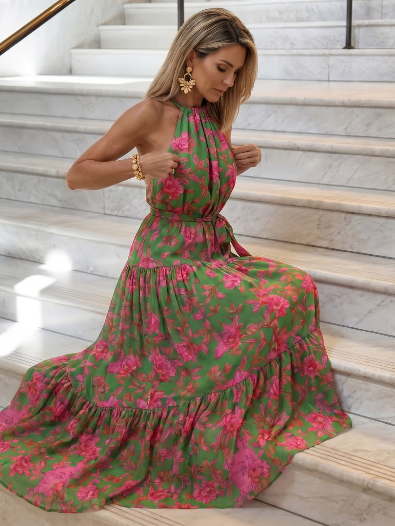 ANTONELLA™ | ABITO MIDI DRAPPEGGIATO ROSA CON SCOLLO HALTER