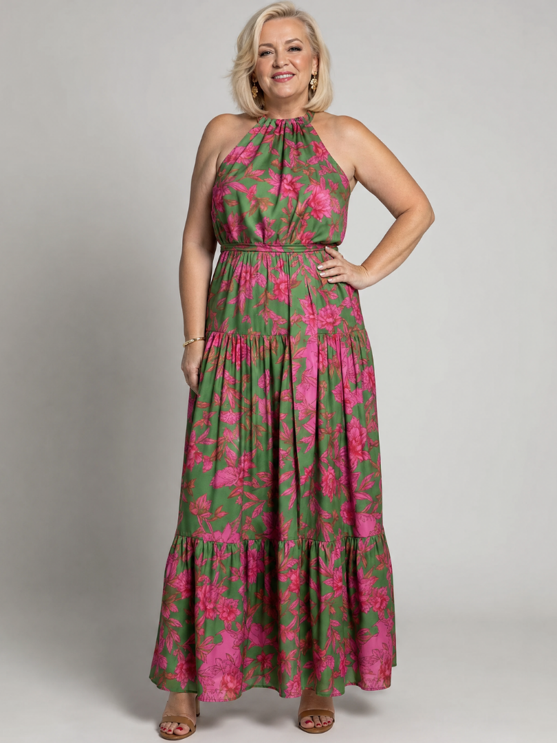 ANTONELLA™ | ABITO MIDI DRAPPEGGIATO ROSA CON SCOLLO HALTER