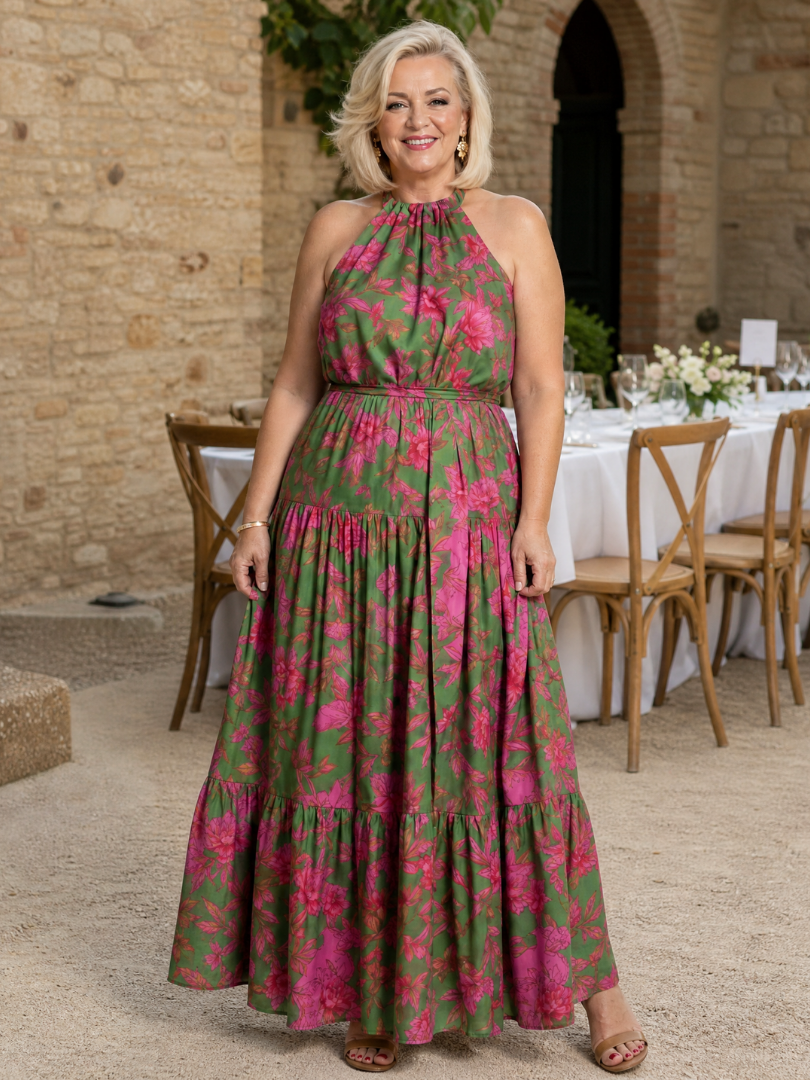 ANTONELLA™ | ABITO MIDI DRAPPEGGIATO ROSA CON SCOLLO HALTER