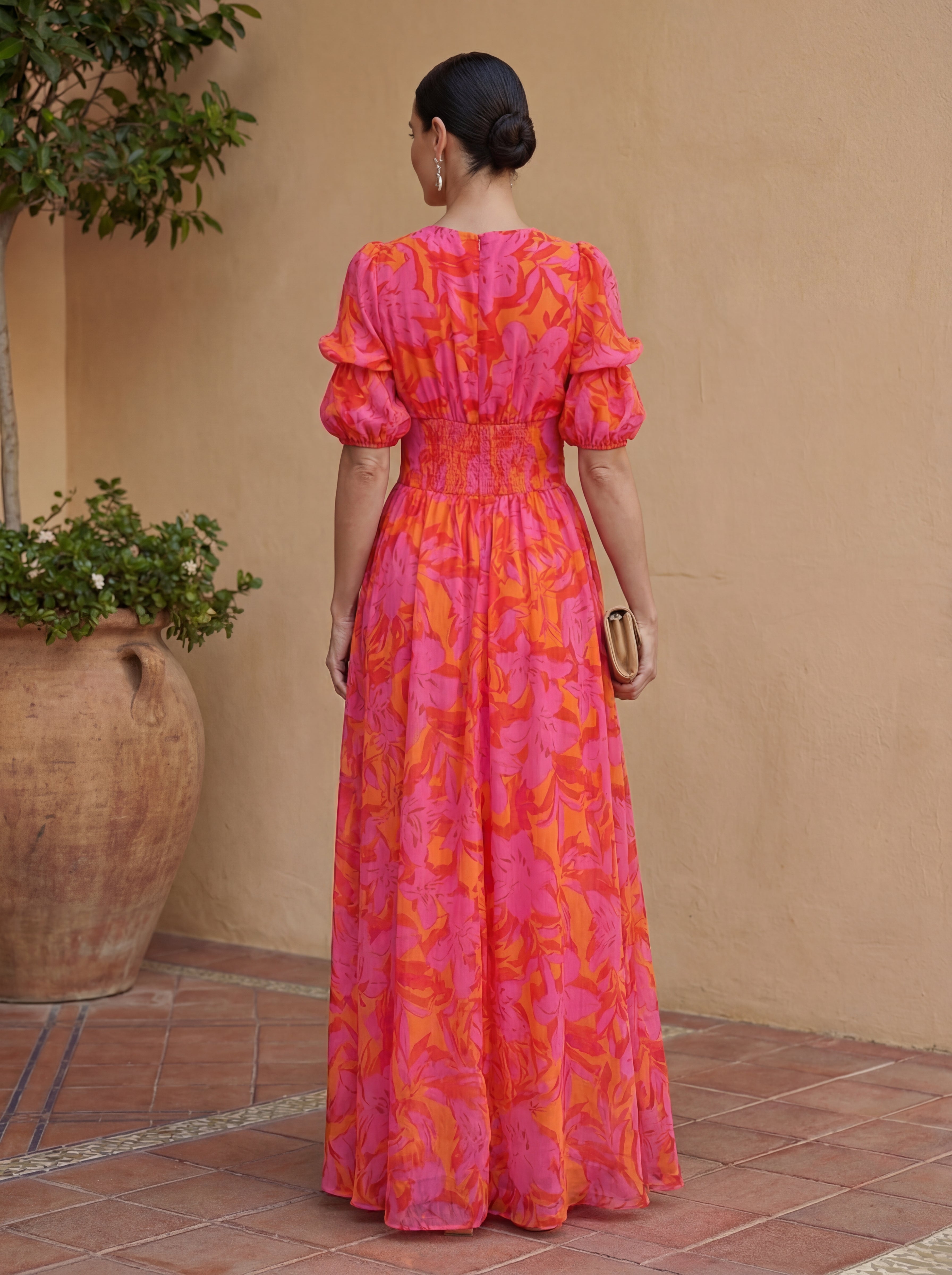 ILENIA™ | ABITO FLUIDO ROSA E ARANCIO