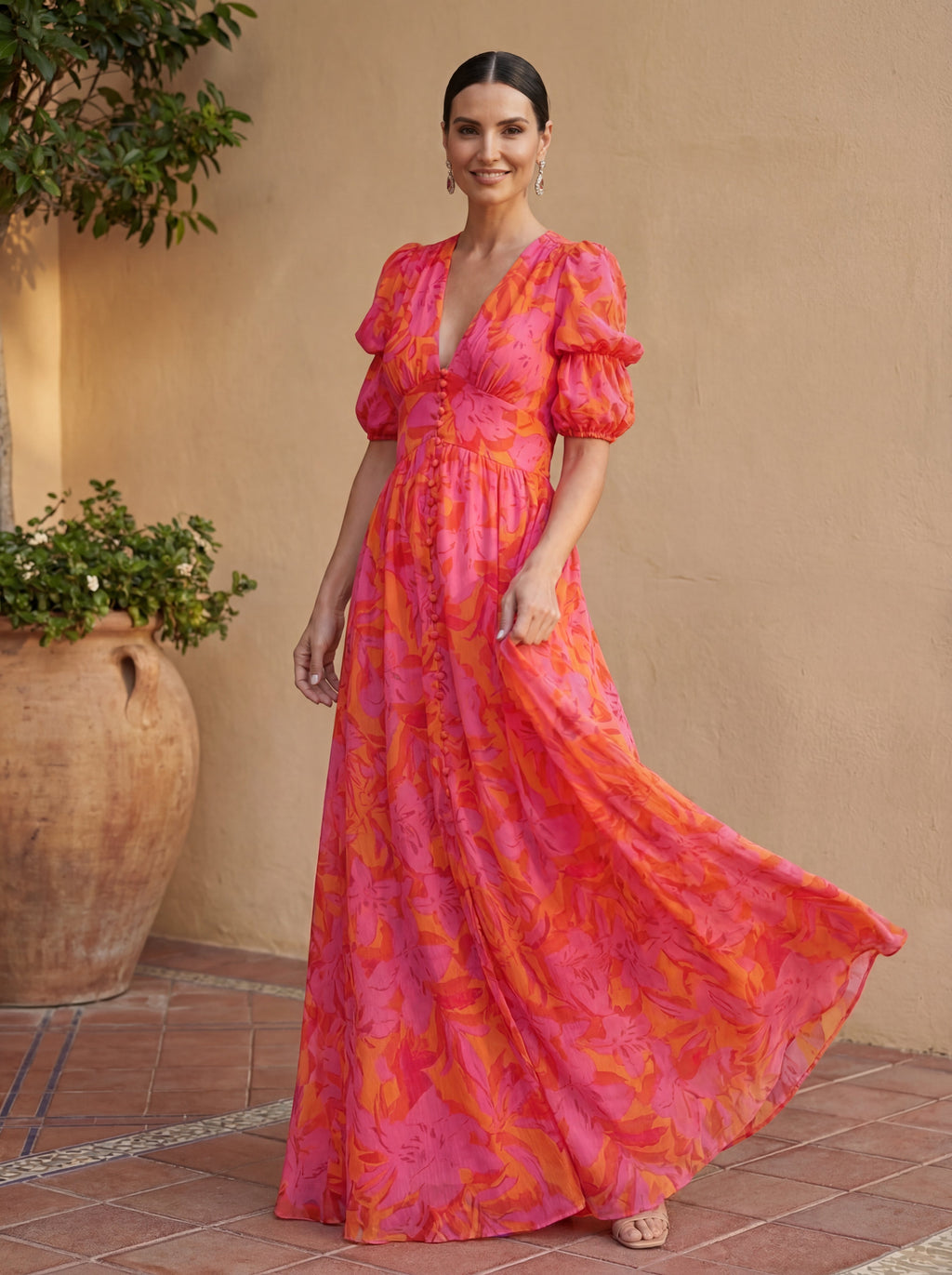 ILENIA™ | ABITO FLUIDO ROSA E ARANCIO