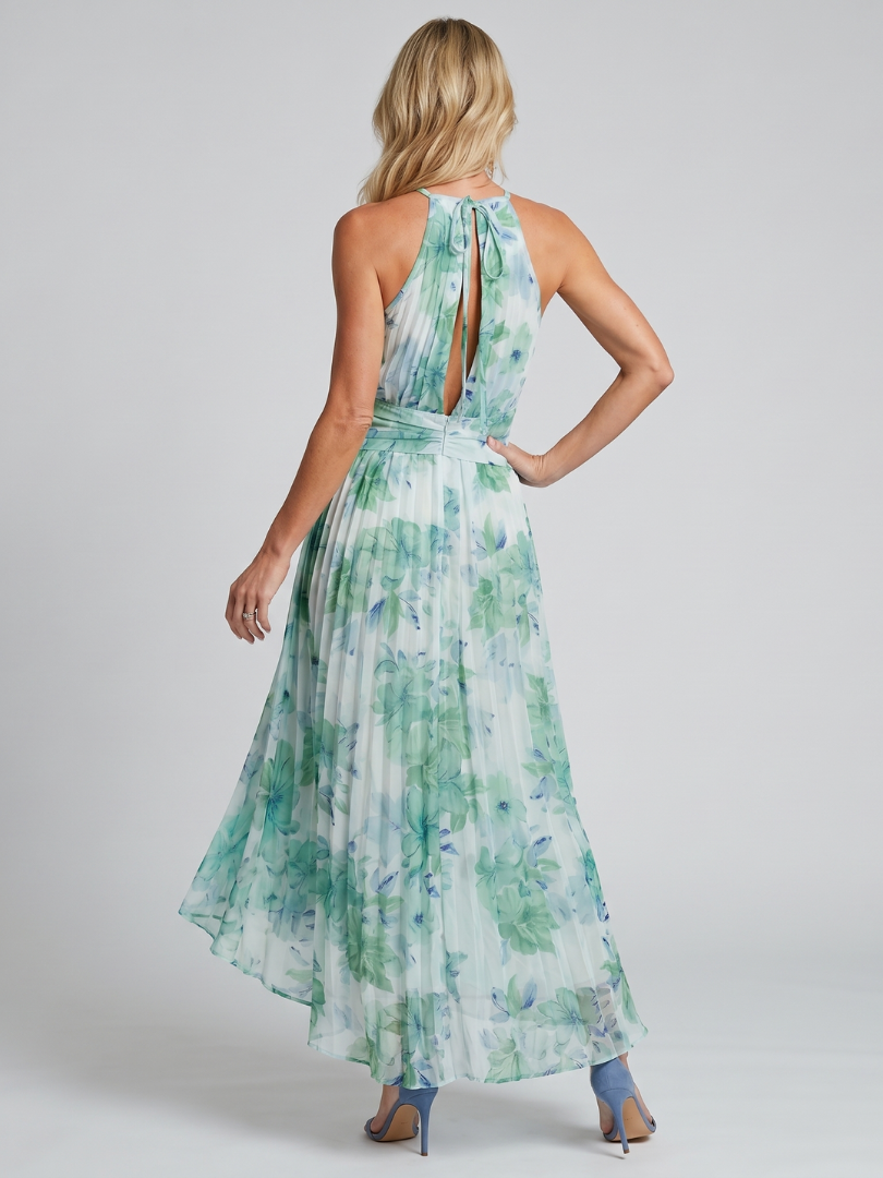 ADELE™ | ABITO MIDI PLISSETTATO CON SCOLLO HALTER E STAMPA FLOREALE