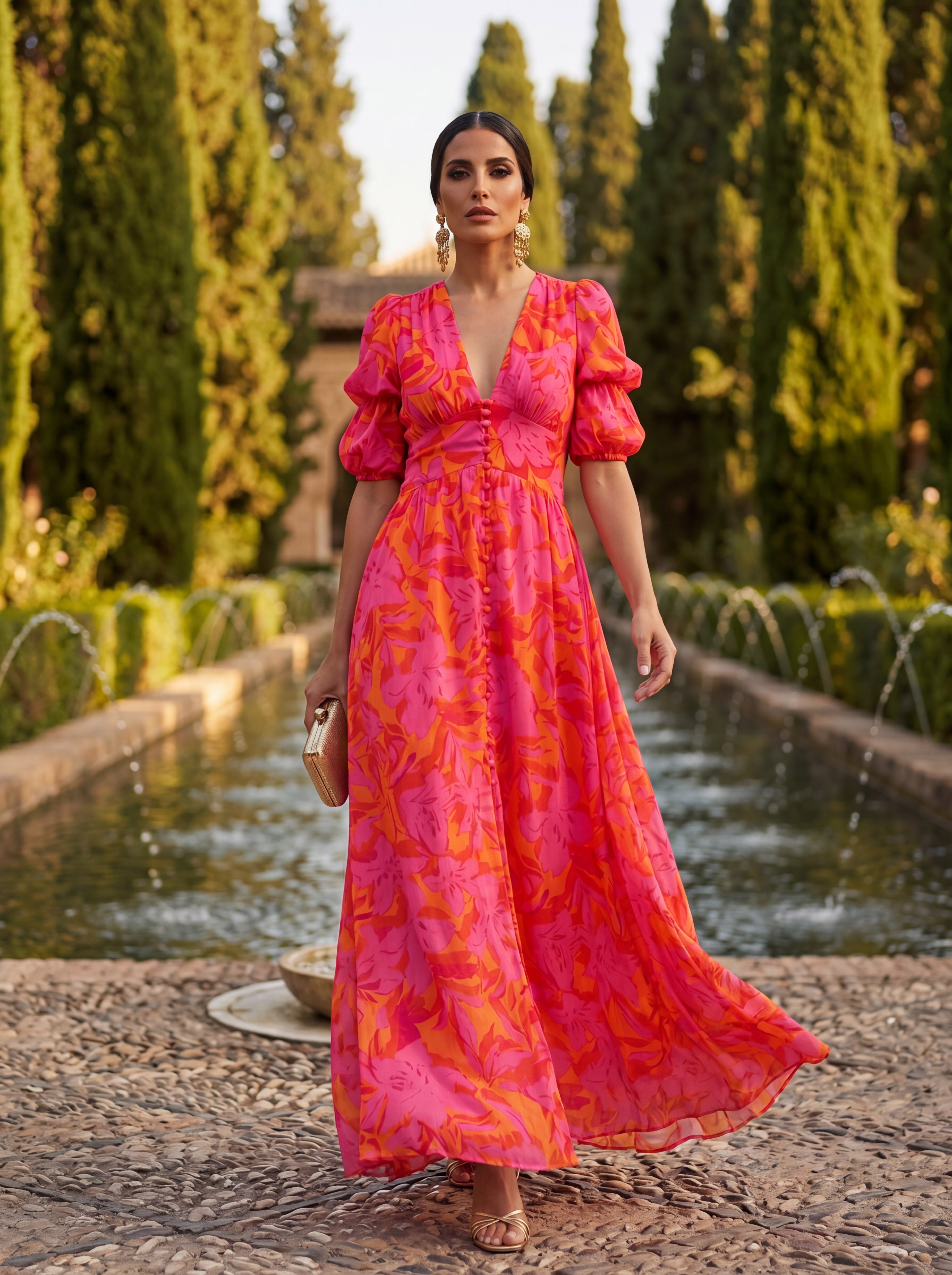 ILENIA™ | ABITO FLUIDO ROSA E ARANCIO